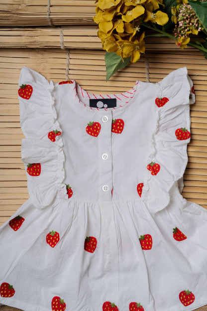 Strawberry Embroidered White Ruffled Baby Frock & Shorts