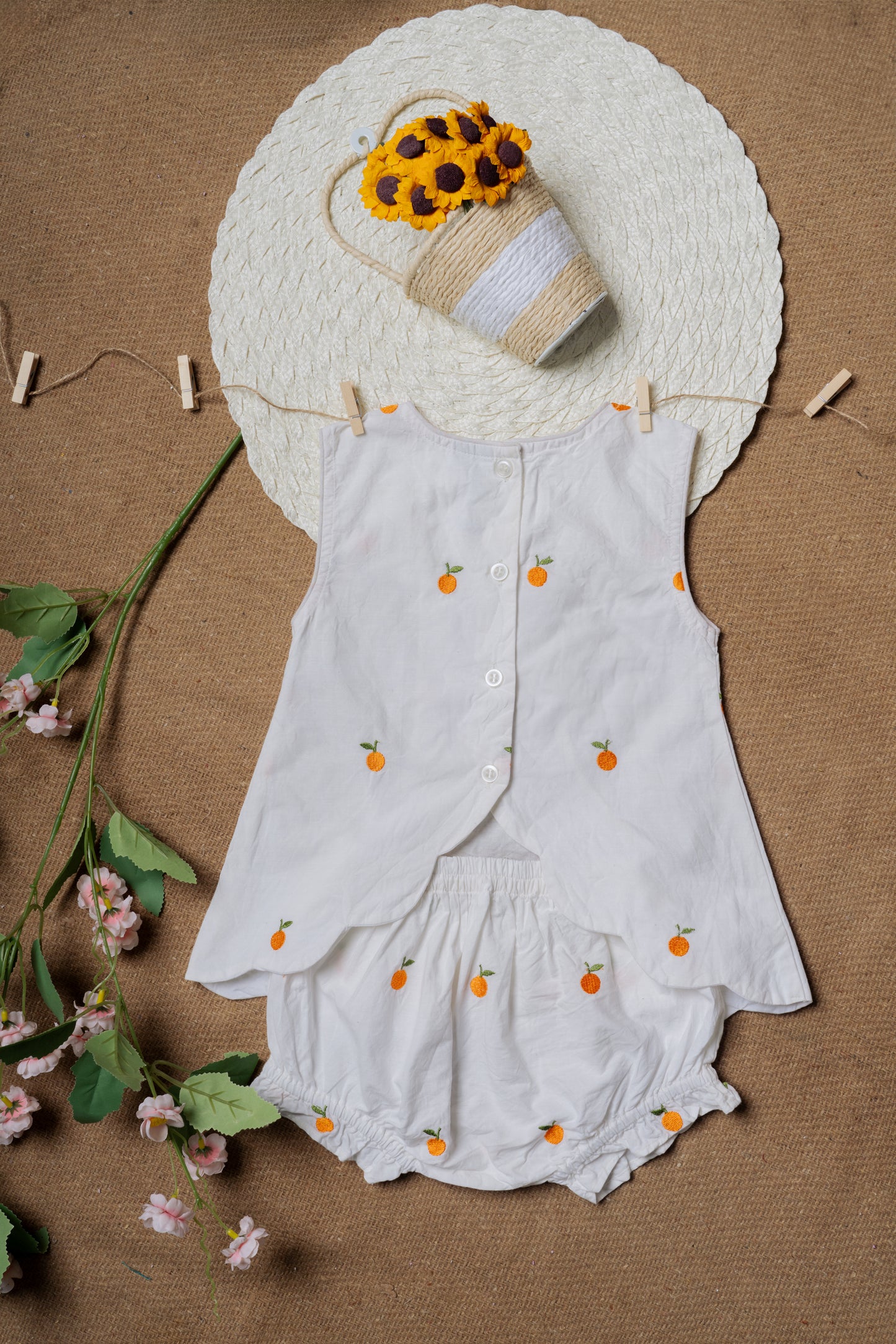 Orange Embroidered White Designer Baby Frock & Shorts