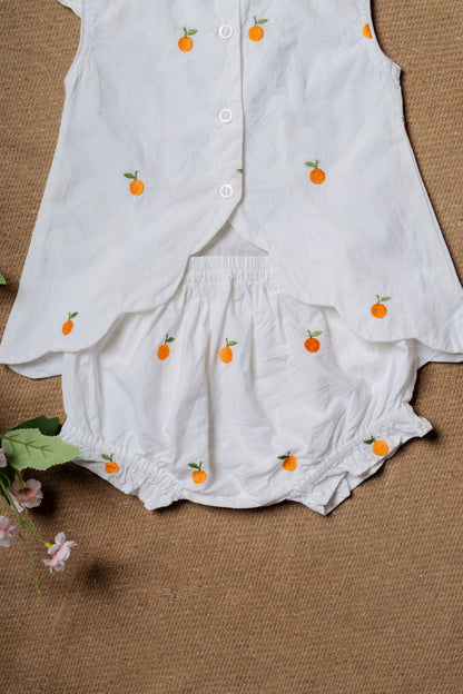 Orange Embroidered White Designer Baby Frock & Shorts