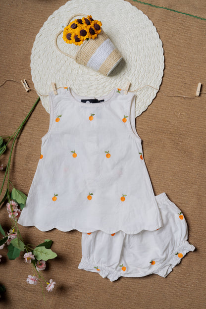 Orange Embroidered White Designer Baby Frock & Shorts