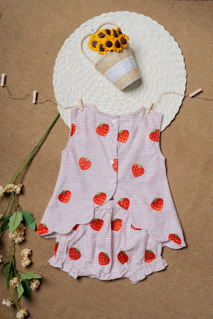 Strawberry Embroidered Cotton Designer Baby Frock & Shorts