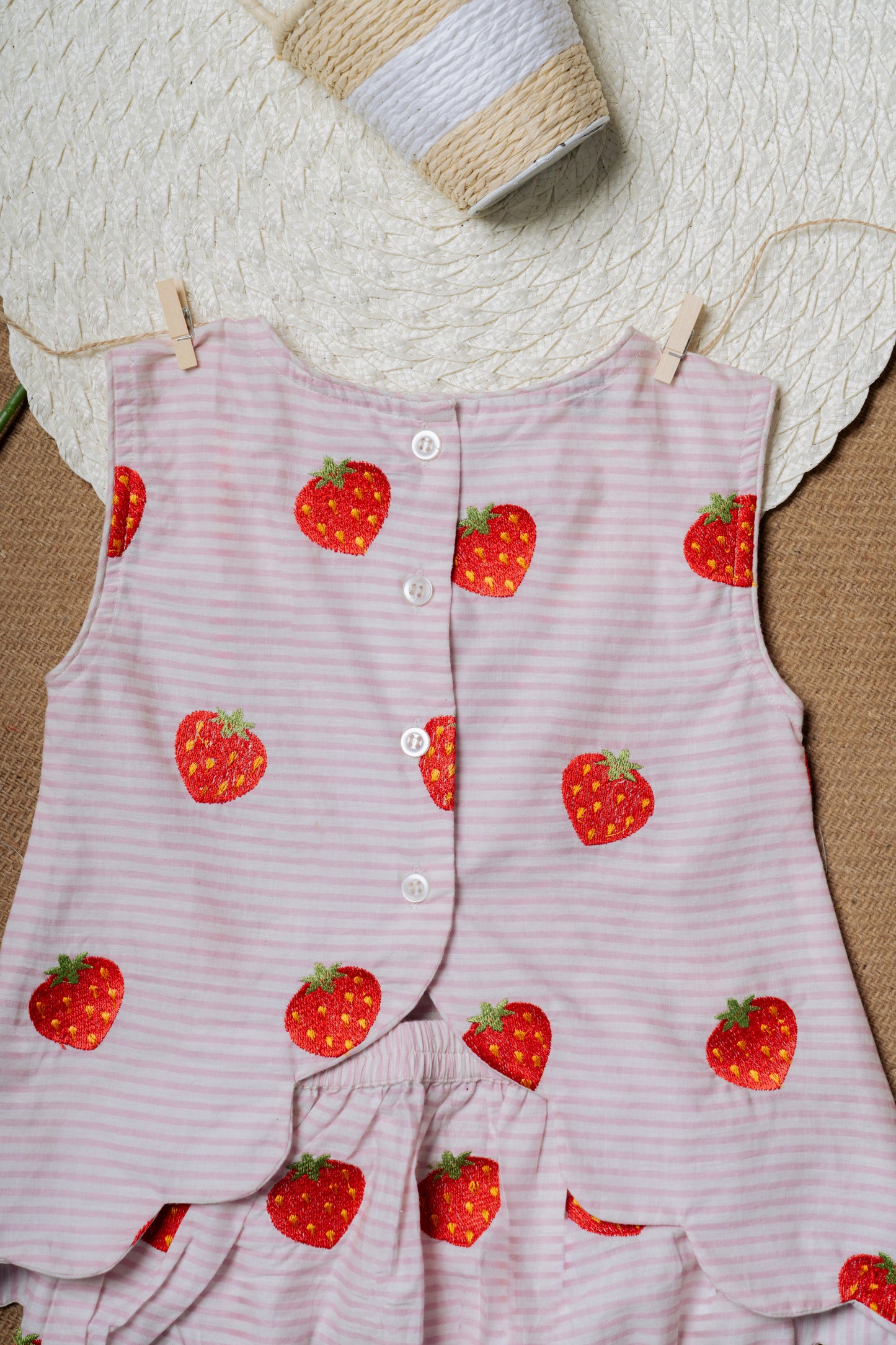 Strawberry Embroidered Cotton Designer Baby Frock & Shorts