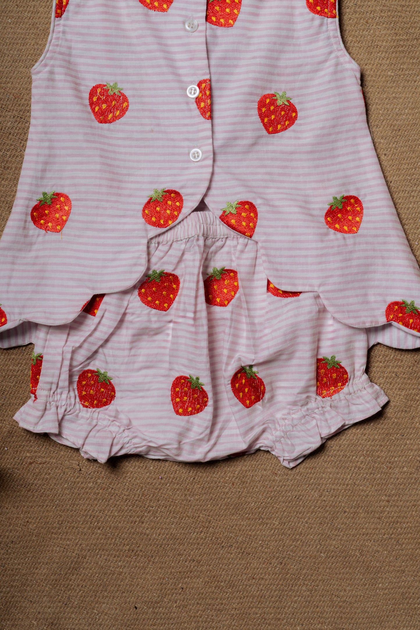 Strawberry Embroidered Cotton Designer Baby Frock & Shorts