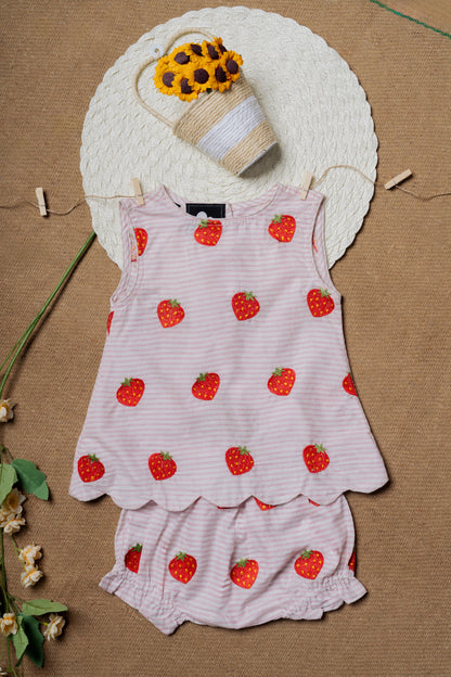 Strawberry Embroidered Cotton Designer Baby Frock & Shorts