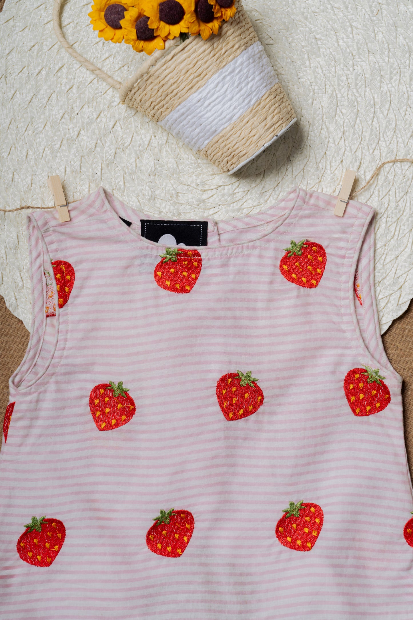 Strawberry Embroidered Cotton Designer Baby Frock & Shorts