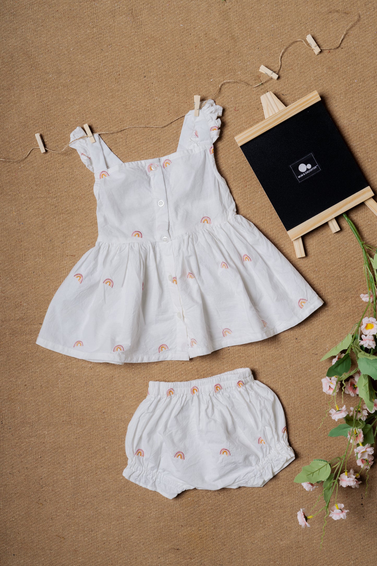 Rainbow Embroidered White Ruffled Baby Frock & Shorts