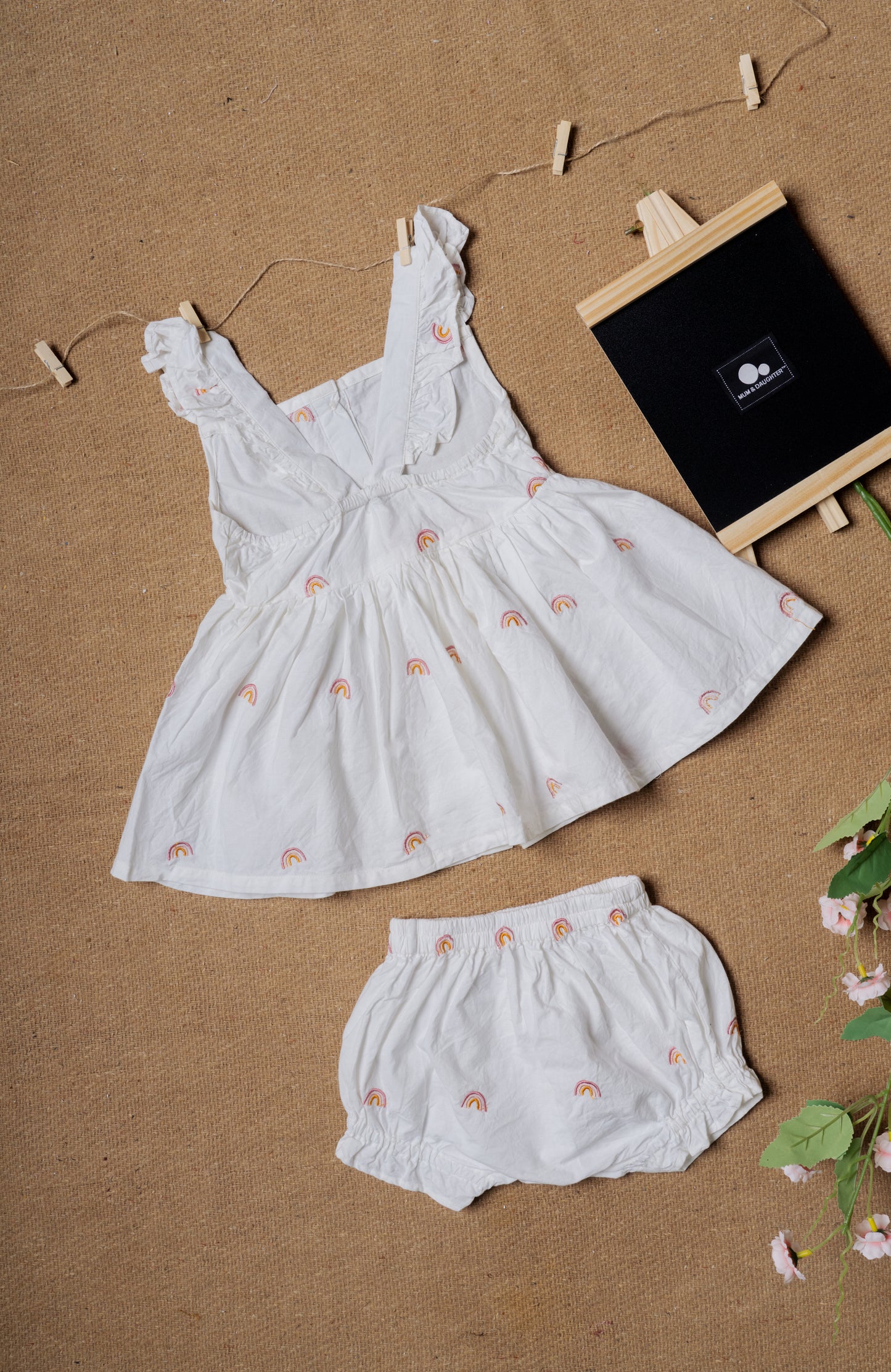 Rainbow Embroidered White Ruffled Baby Frock & Shorts