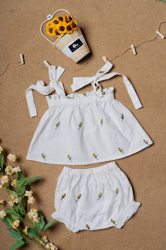 Honeybee Embroidered White Baby Paper Frock & Shorts