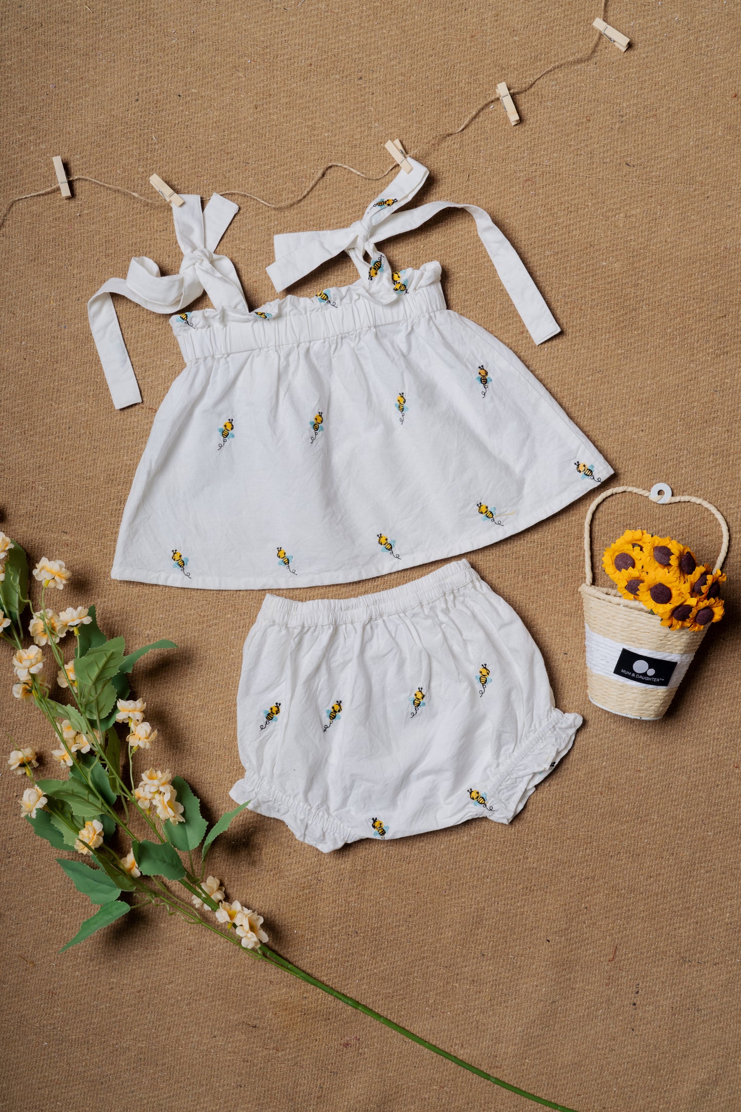 Honeybee Embroidered White Baby Paper Frock & Shorts