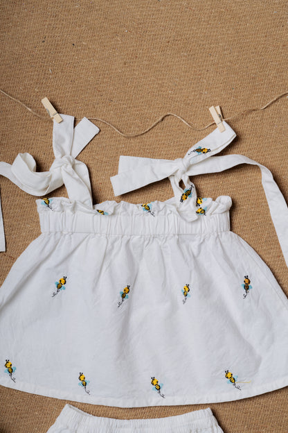 Honeybee Embroidered White Baby Paper Frock & Shorts