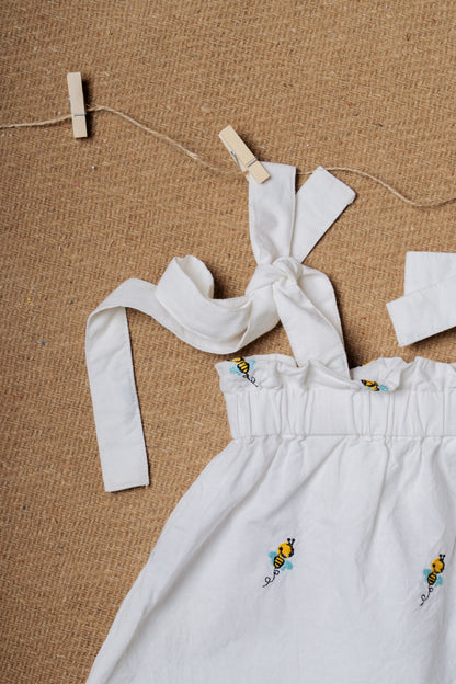 Honeybee Embroidered White Baby Paper Frock & Shorts