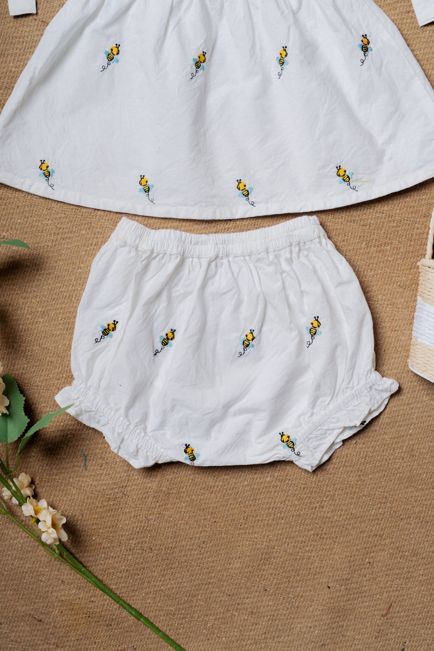 Honeybee Embroidered White Baby Paper Frock & Shorts