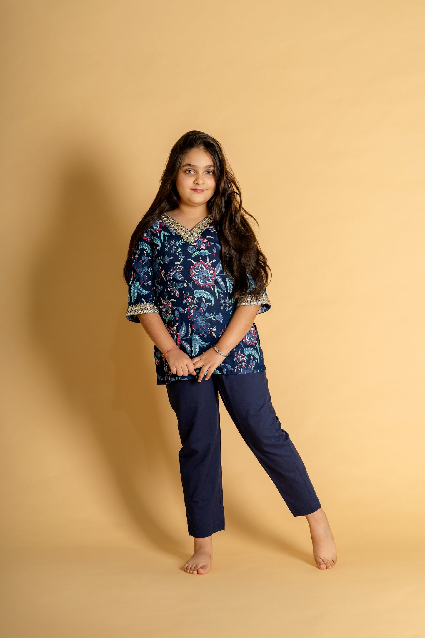 Navy blue floral embroidered short kurta & pant set for girls