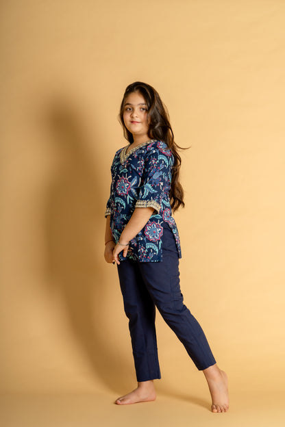 Navy blue floral embroidered short kurta & pant set for girls