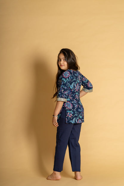 Navy blue floral embroidered short kurta & pant set for girls