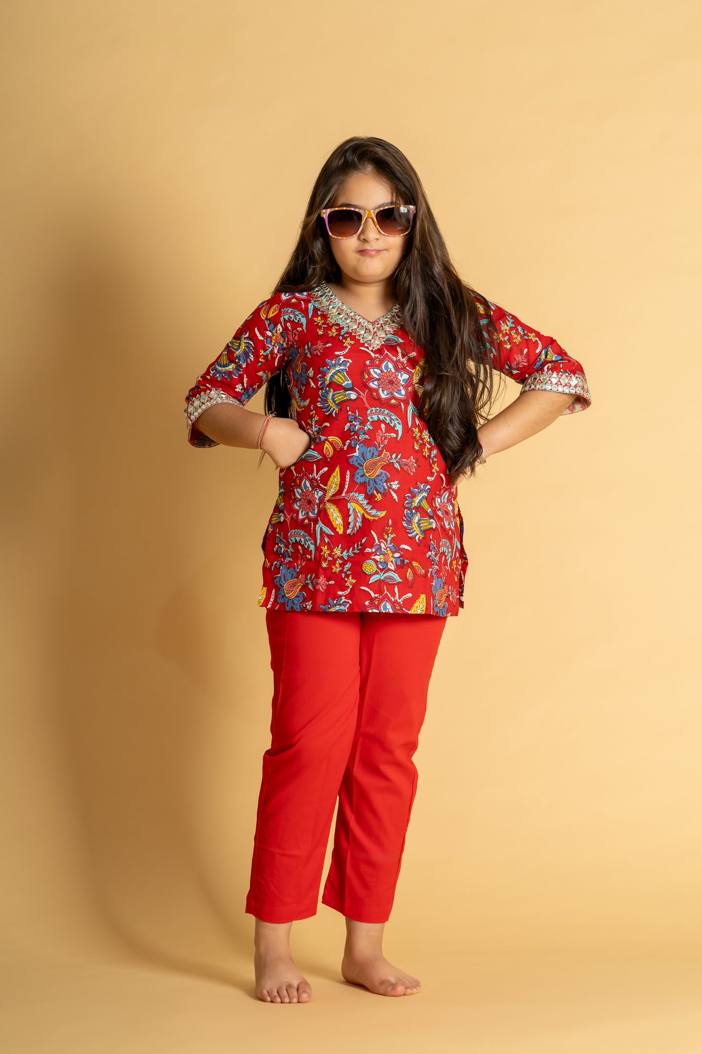 Red floral embroidered short kurta & pant set for girls