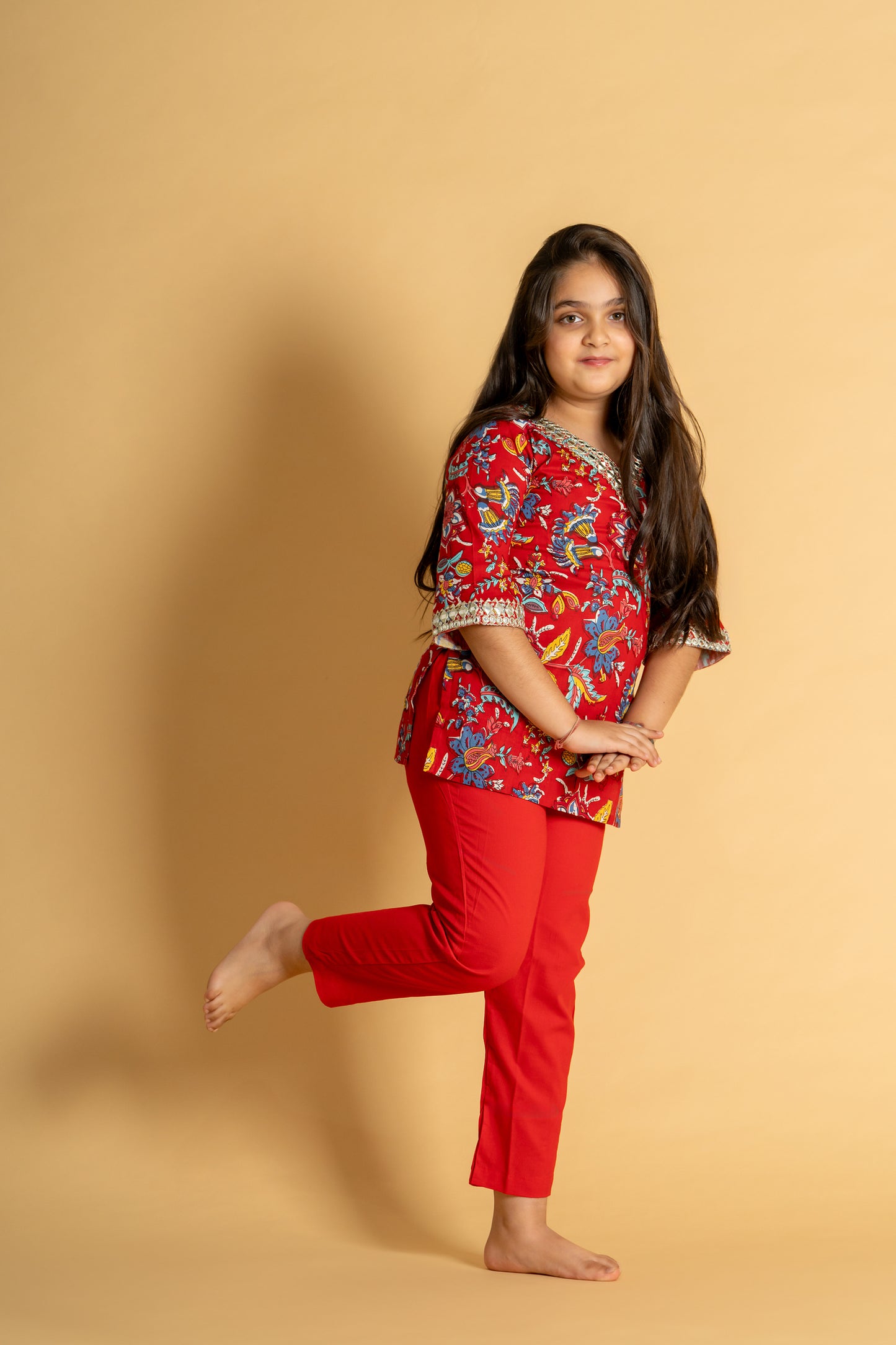 Red floral embroidered short kurta & pant set for girls