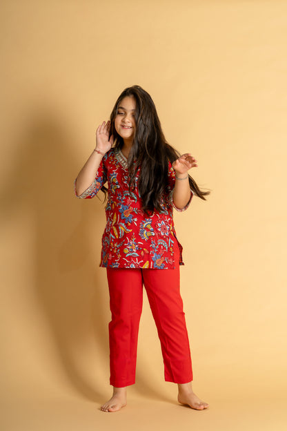 Red floral embroidered short kurta & pant set for girls