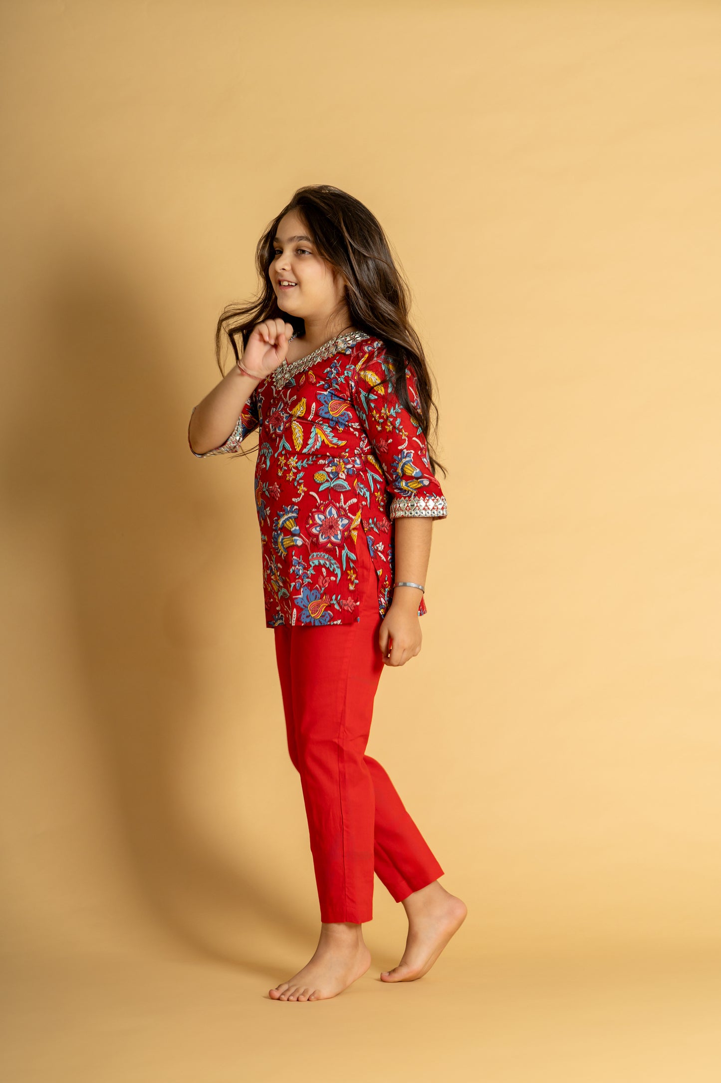 Red floral embroidered short kurta & pant set for girls