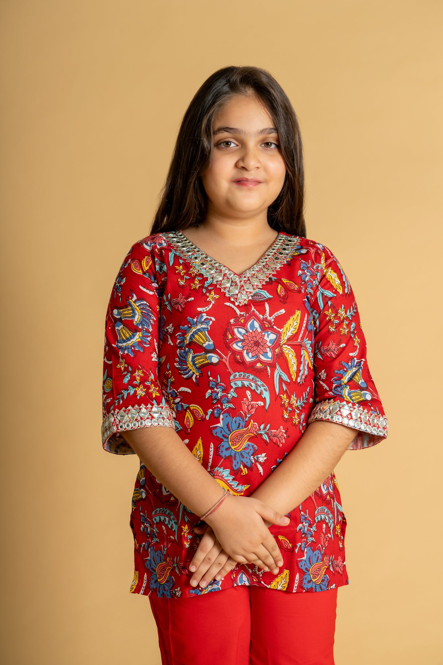 Red floral embroidered short kurta & pant set for girls