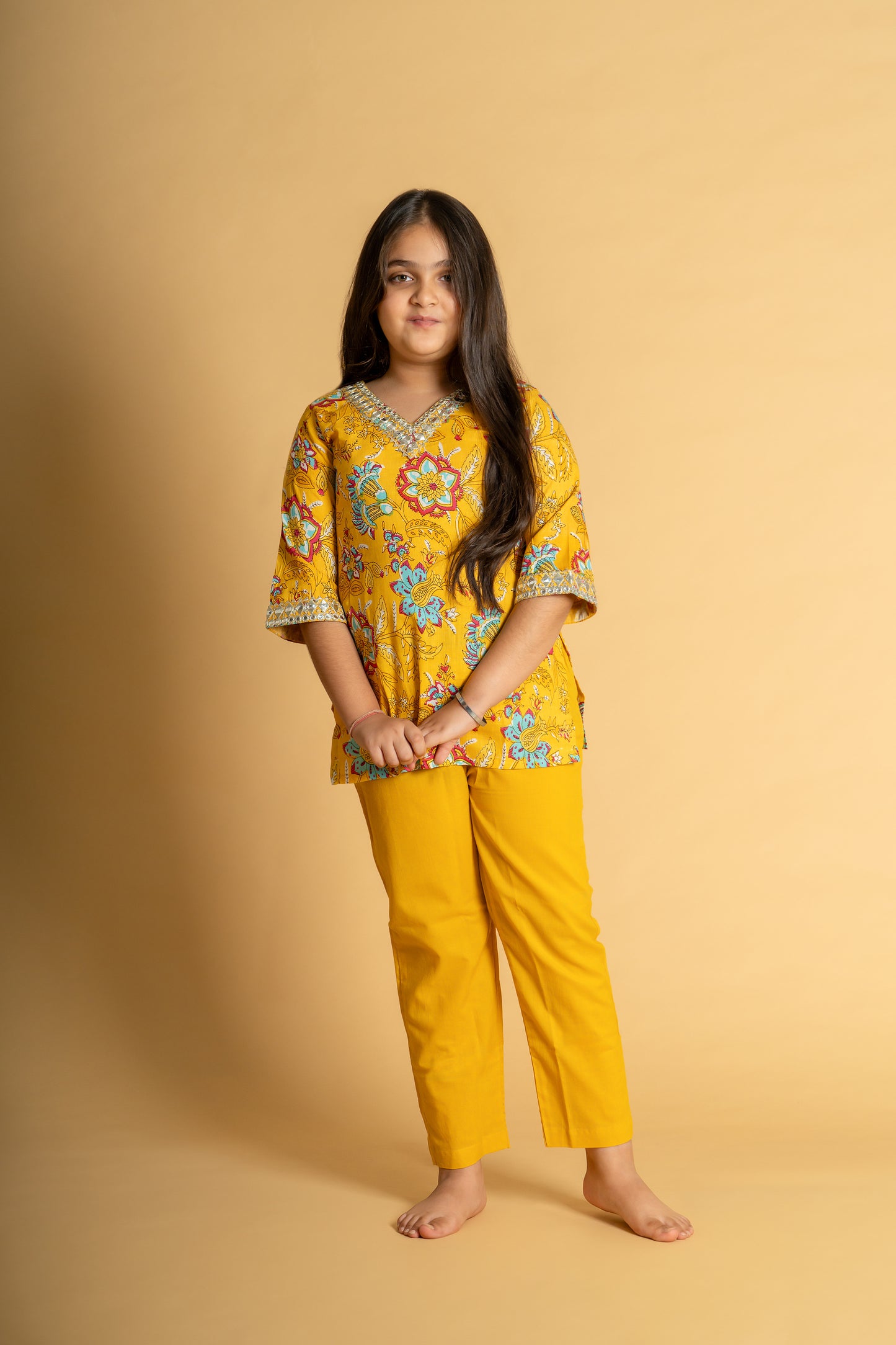 Yellow floral embroidered short kurta & pant set for girls