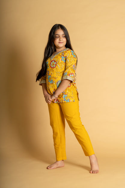 Yellow floral embroidered short kurta & pant set for girls