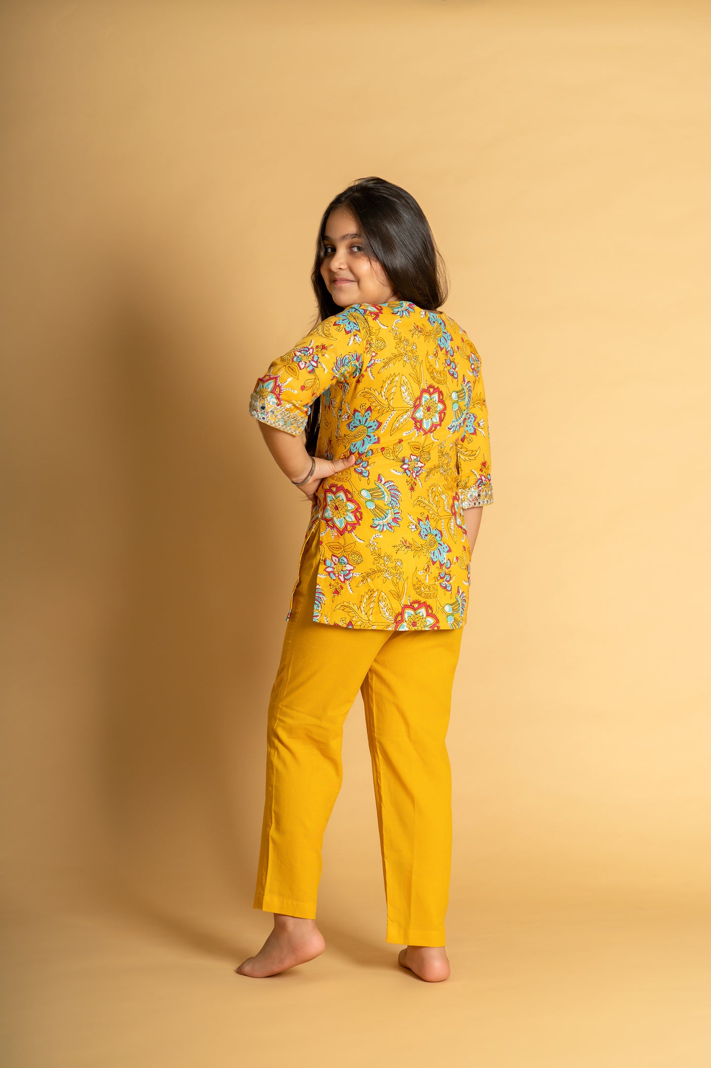 Yellow floral embroidered short kurta & pant set for girls