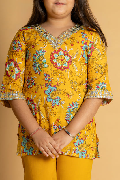 Yellow floral embroidered short kurta & pant set for girls