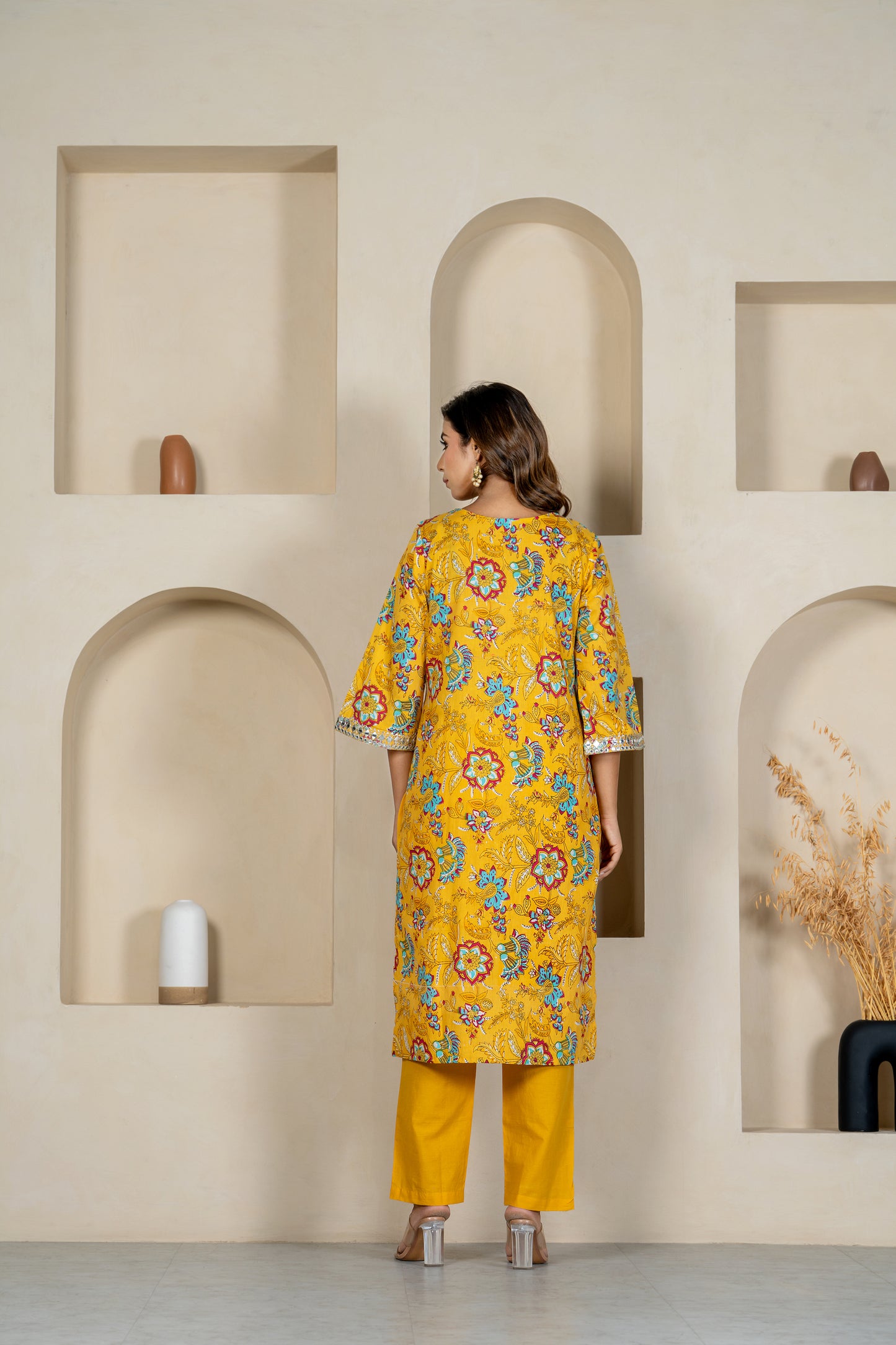 Yellow floral embroidered kurta & pant set