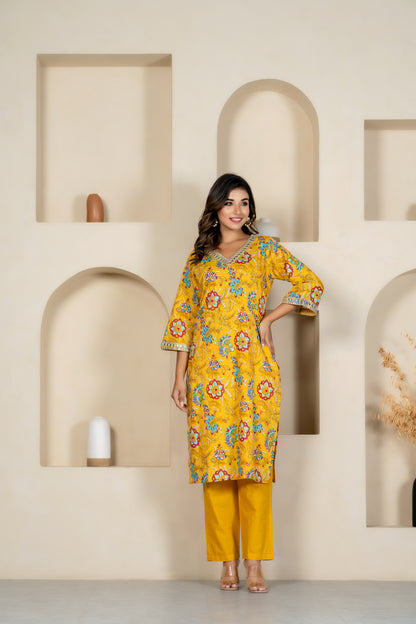 Yellow floral embroidered kurta & pant set