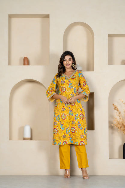 Yellow floral embroidered kurta & pant set