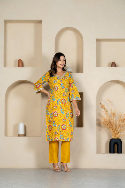 Yellow floral embroidered kurta & pant set