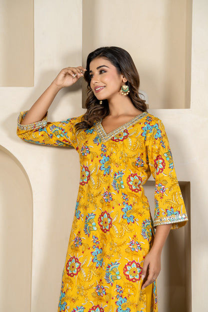 Yellow floral embroidered kurta & pant set