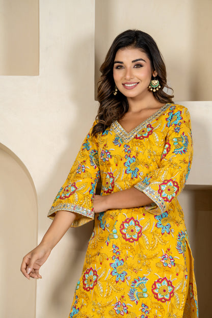 Yellow floral embroidered kurta & pant set