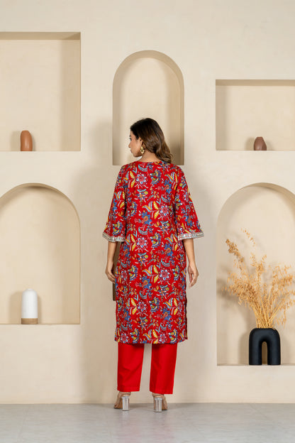 Red floral embroidered kurta & pant set