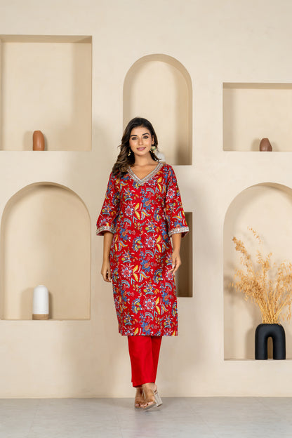 Red floral embroidered kurta & pant set