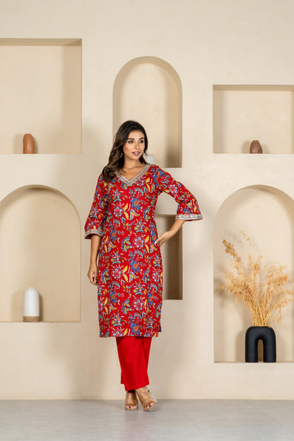 Red floral embroidered kurta & pant set