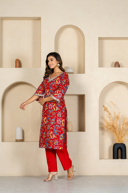 Red floral embroidered kurta & pant set