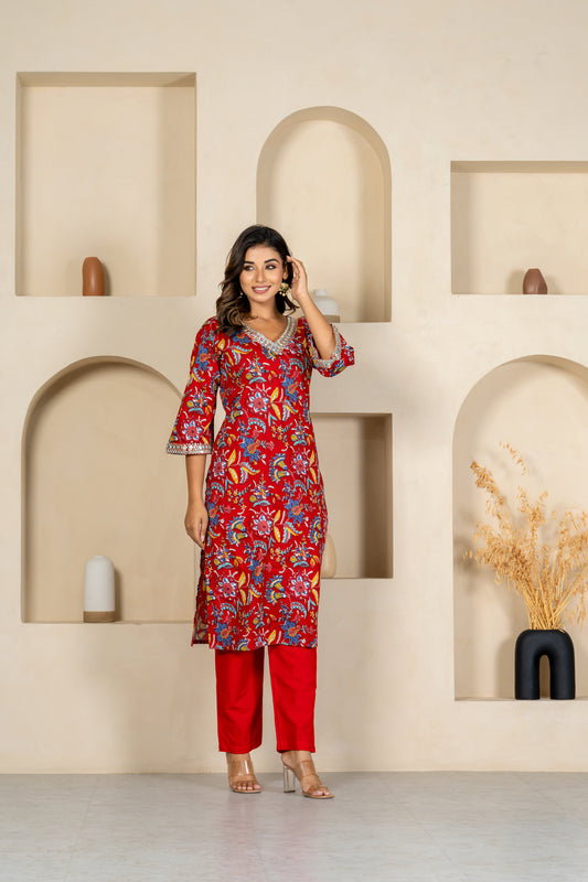 Red floral embroidered kurta & pant set