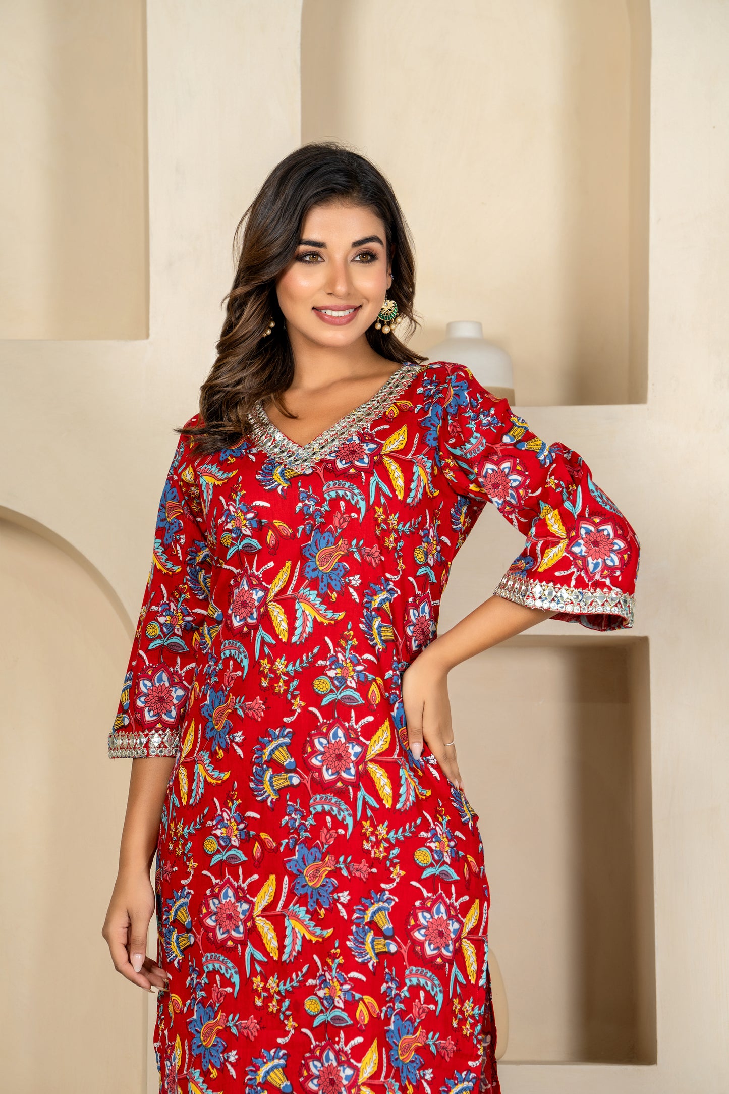 Red floral embroidered kurta & pant set