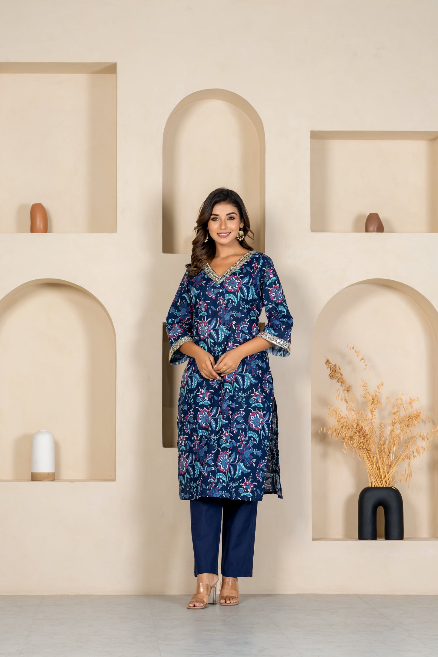 Navy floral embroidered kurta & pant set