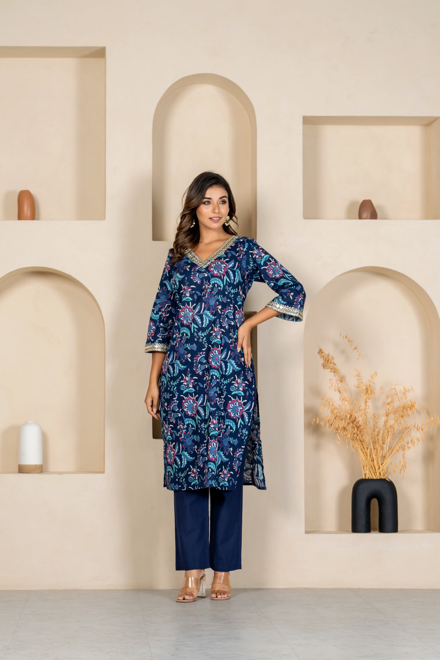 Navy floral embroidered kurta & pant set