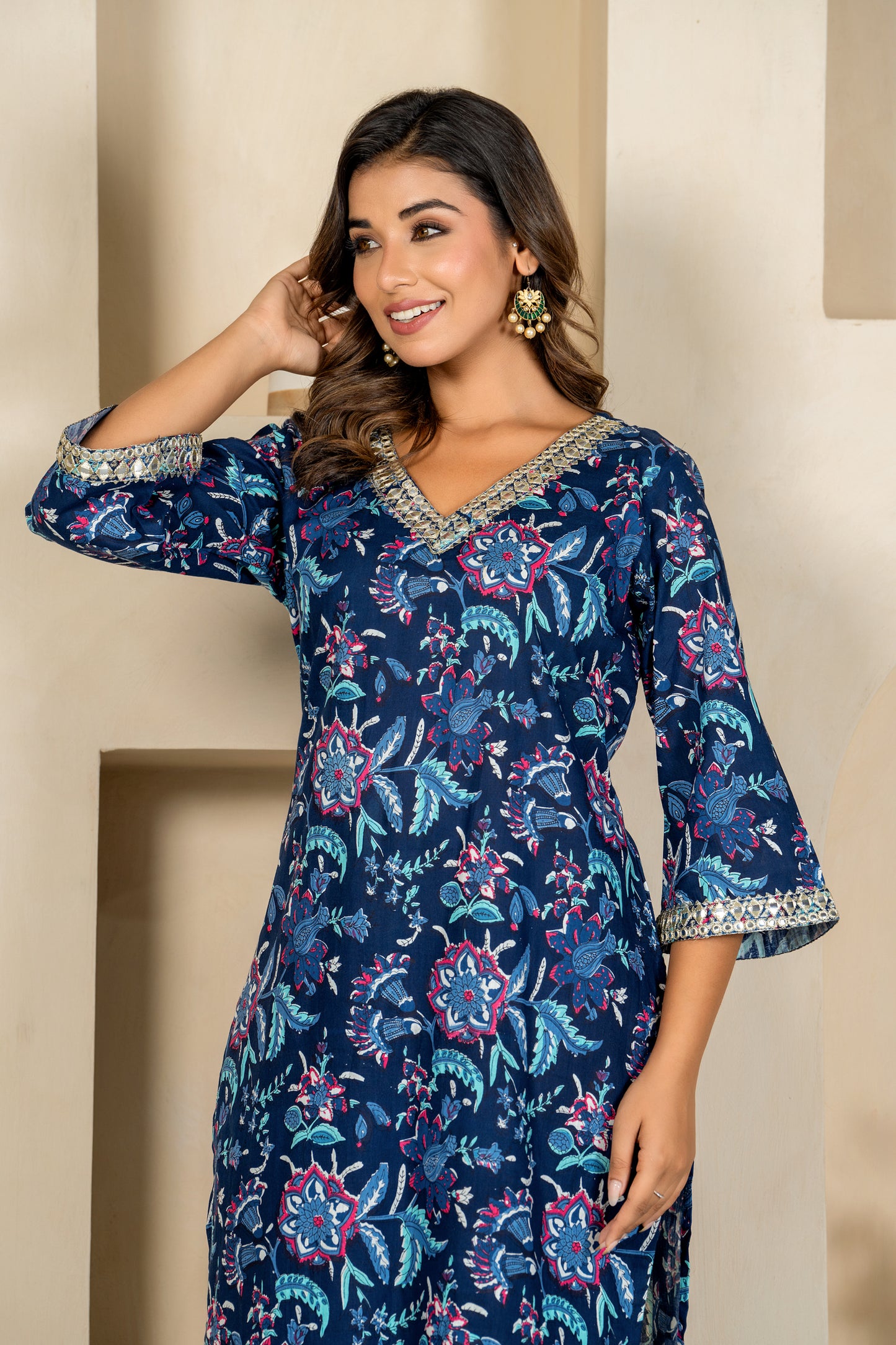 Navy floral embroidered kurta & pant set