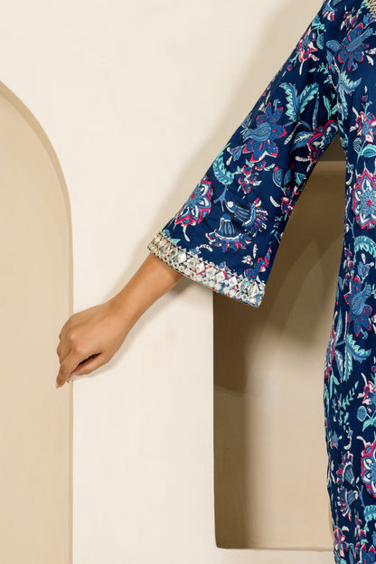 Navy floral embroidered kurta & pant set