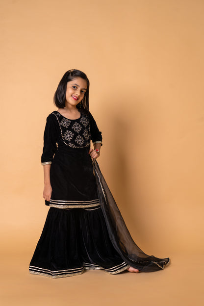 Black Velvet Printed 3-pc Kurti, Sharara  & Dupatta Set for Girls