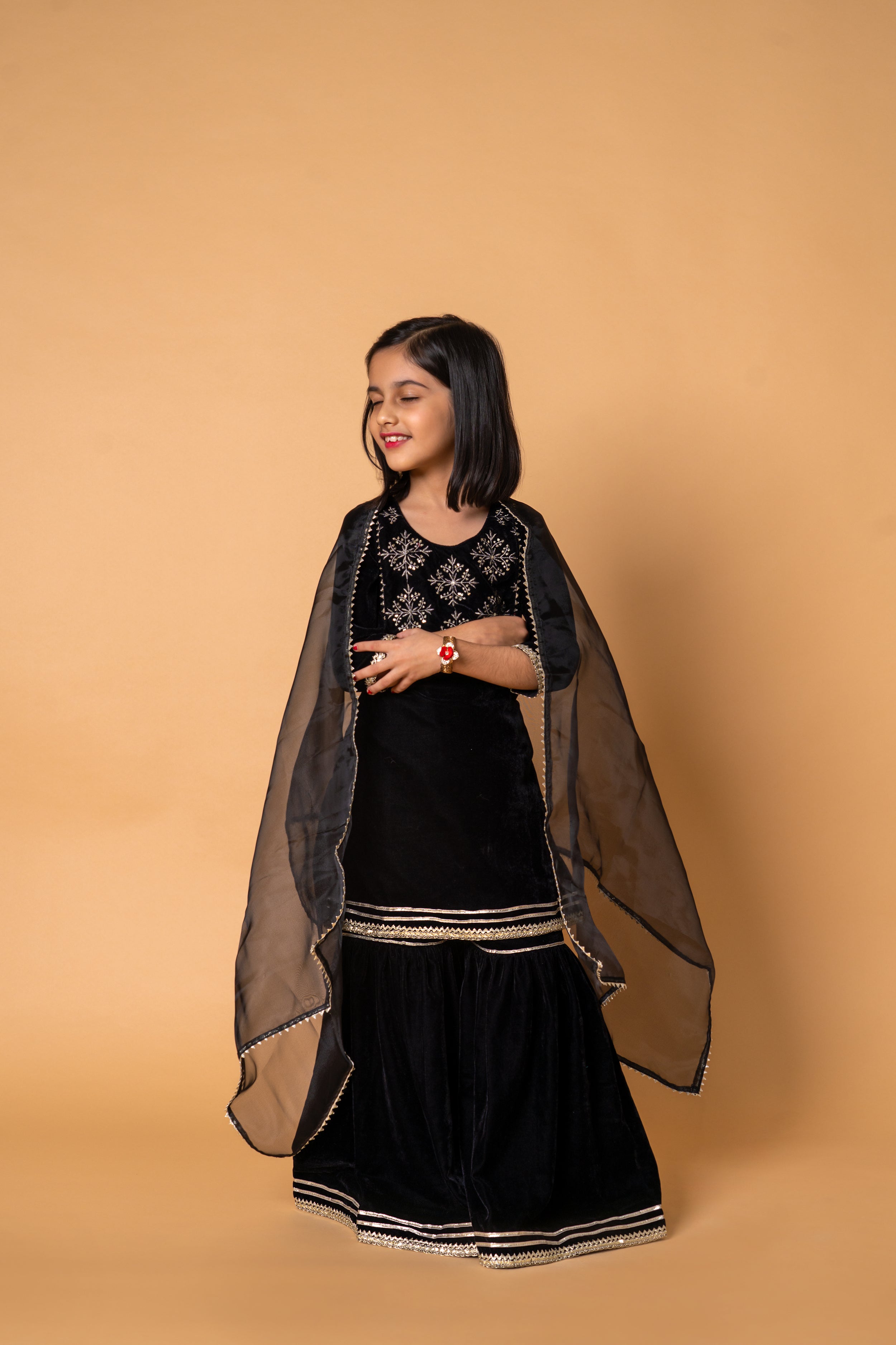 Black Velvet Printed 3-pc Kurti, Sharara  & Dupatta Set for Girls