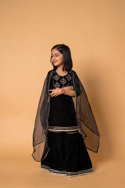 Black Velvet Printed 3-pc Kurti, Sharara  & Dupatta Set for Girls