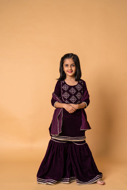 Wine Velvet Printed 3-pc Kurti, Sharara  & Dupatta Set for Girls