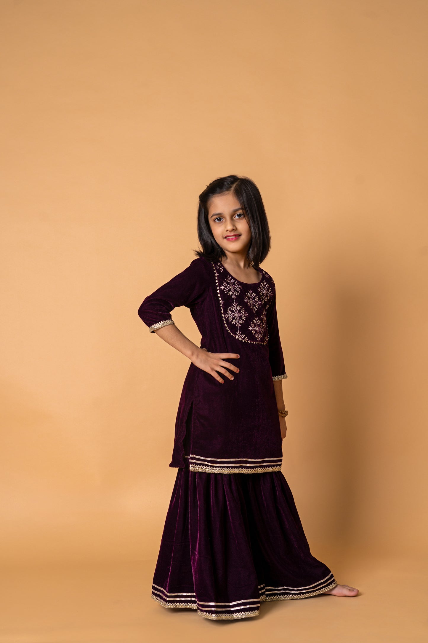 Wine Velvet Printed 3-pc Kurti, Sharara  & Dupatta Set for Girls