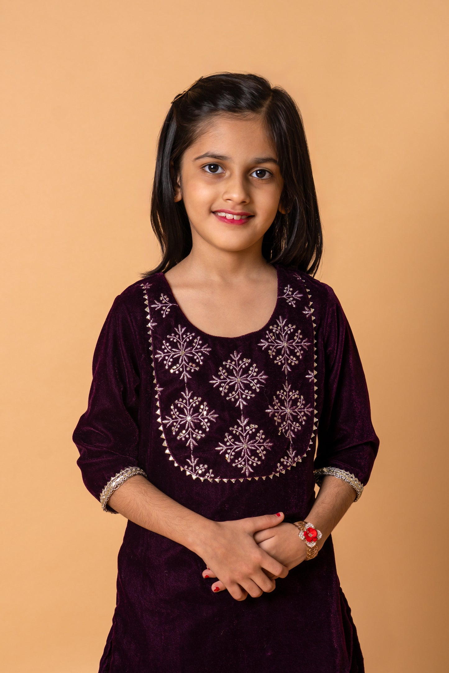 Wine Velvet Printed 3-pc Kurti, Sharara  & Dupatta Set for Girls